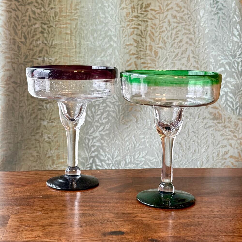 Vintage Hand Blown Bubble Glass Margarita Pair Red Green Art Glass Barware